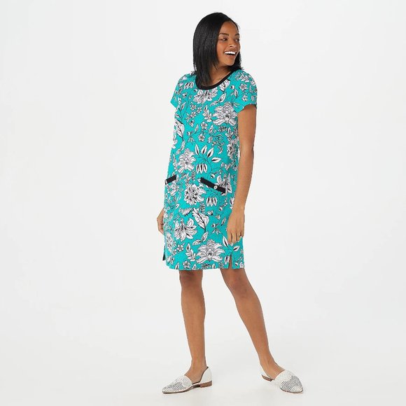 Women's Printed French Terry Dress w/ Rib Trim - Turquoise - Picture 1 of 3